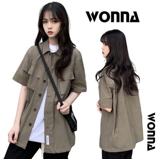 [Sẵn + Kèm ảnh thật] Áo sơ mi nam nữ áo khoác tay lỡ oversize unisex street style Hàn màu quân xanh rêu ngắn tay