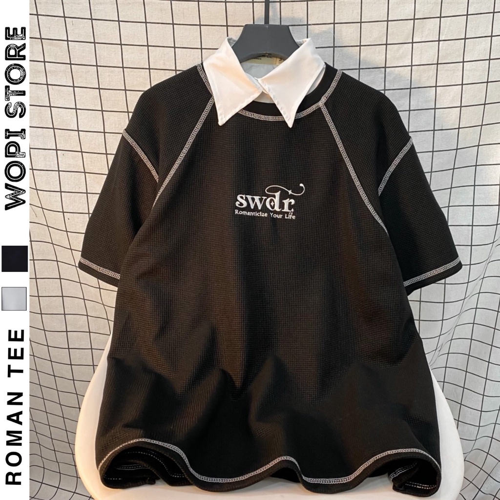 Áo Tay Lỡ ROMAN SWDR Mix Cổ Sơ Mi Form Rộng Vải Tổ Ong May Chỉ Nổi Phong Cách Hàn Quốc (Ảnh Thật/ Có Sẵn)