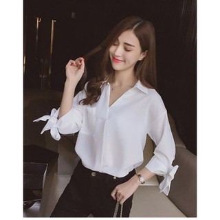 Áo Sơ Mi Nữ Cột Nơ Tay Lỡ