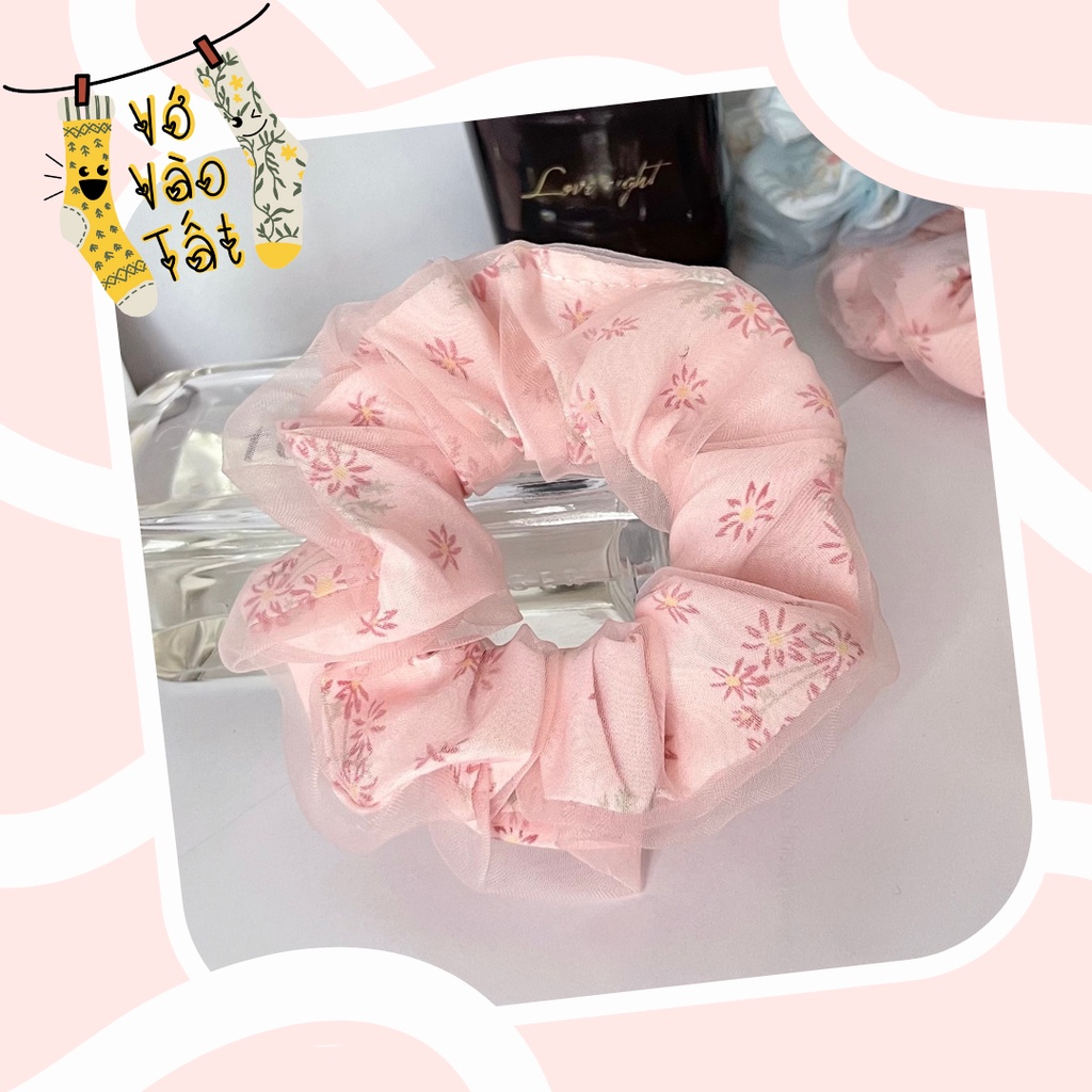[quà tặng] Đồ buộc tóc scrunchies 2 lớp voan hoa