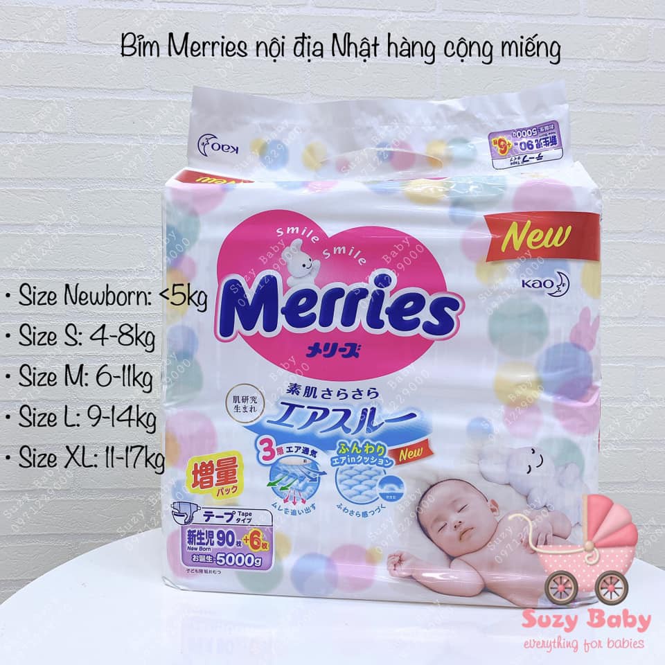 (Cộng Miếng) Bỉm Merries Nội Địa Nhật quần/dán NB90+6 / S82+6 / M64+4 / L58 / M58+6 / L44+6 / XL38+6 / XXL26+2