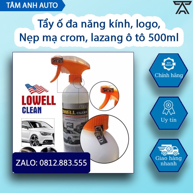 Lowell Clean - Tẩy ố đa năng kính, logo, nẹp mạ crom, lazang ô tô 500ml