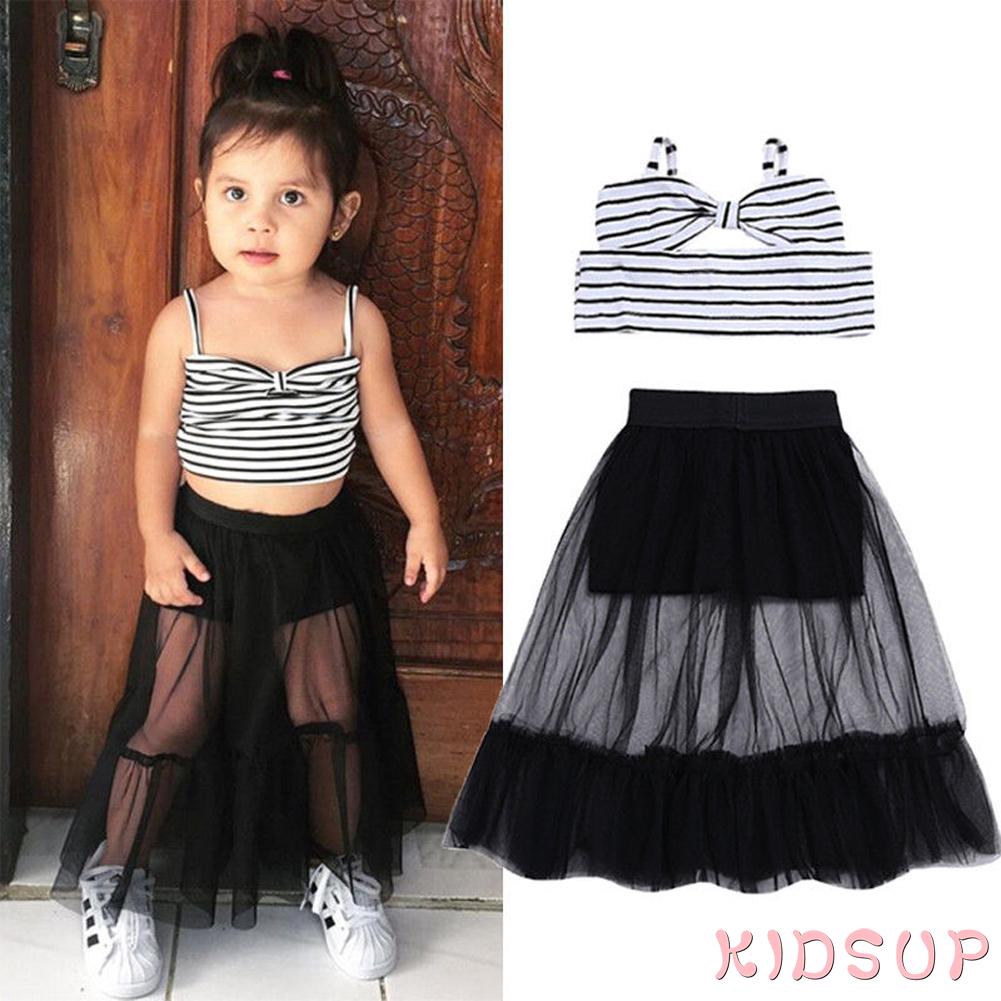 Set Áo Croptop Sát Nách Kẻ Sọc + Chân Váy Ngắn Cho Bé Gái