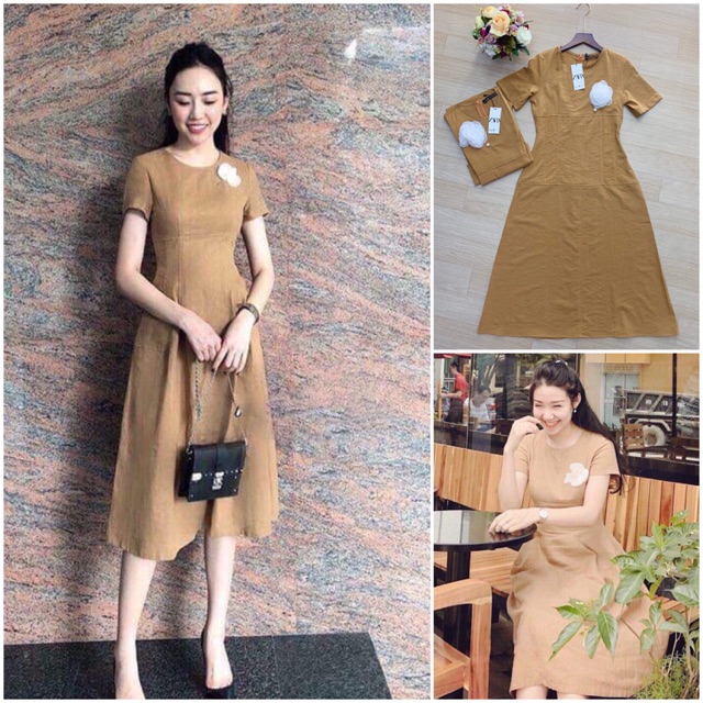 Bán sỉ đầm bo eo dáng a màu vàng nâu kèm hoa sang chảnh
