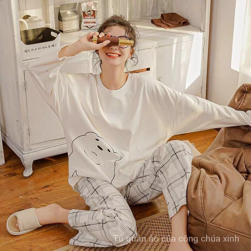 Bộ Đồ Ngủ Tay Dài Form Rộng In Họa Tiết Hoạt Hình Phong Cách Hàn Quốc Cho Nữ
