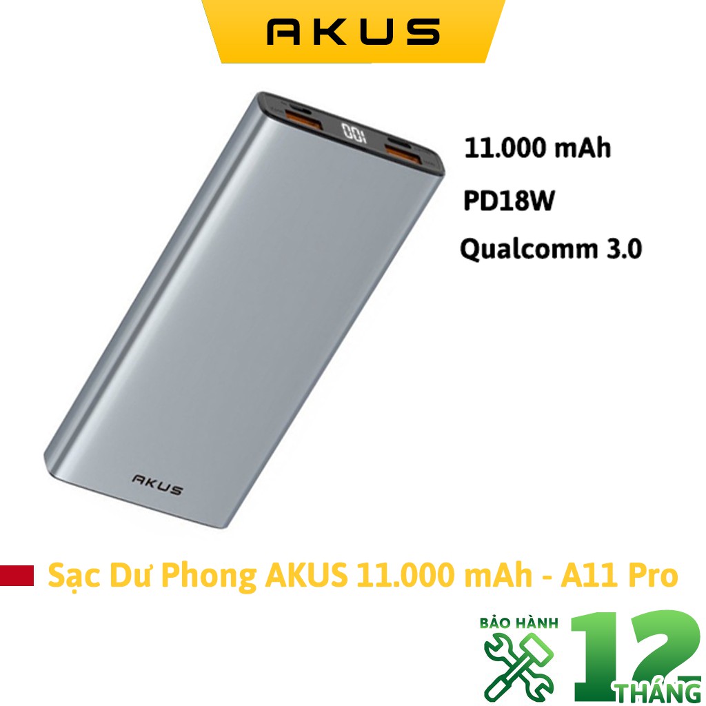 Sạc Dự Phòng 11000 mAh Sạc Nhanh PD 18W, Quick Charge 3.0 Akus - A11 Pro Hàng chính hãng - Bảo hành 12 tháng - Akus