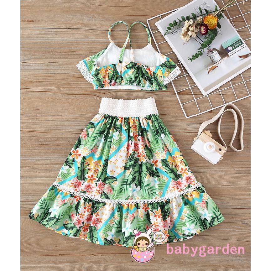 Set áo phối bèo + chân váy in hoa xinh xắn thời trang mùa hè cho bé gái
