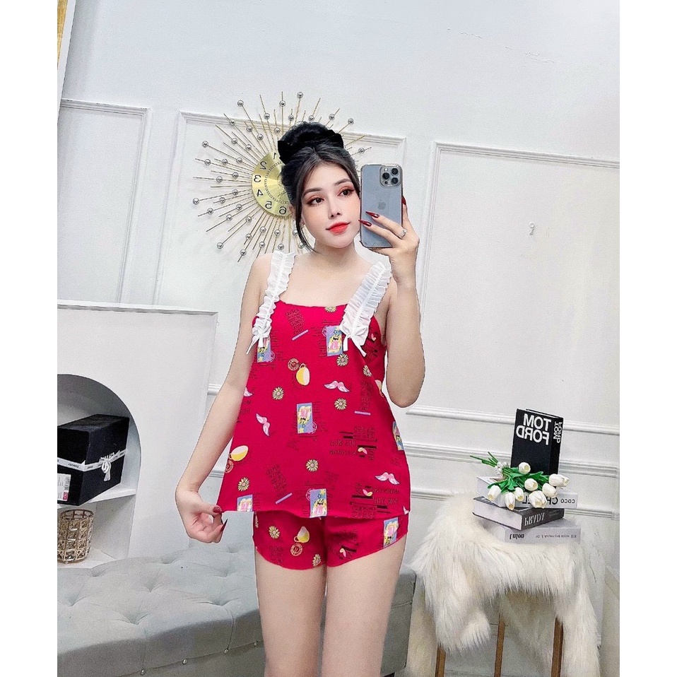 Bộ Đùi Nữ Mặc Nhà 2 Dây viền bèo in họa tiết gấu dễ thương vải lụa hàn siêu mát. size dưới 50kg