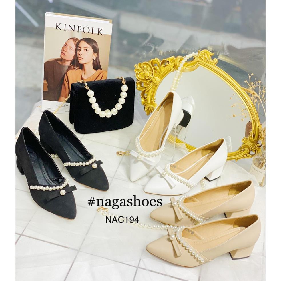 Vip GIÀY CAO GÓT NAGASHOES VIỀN NGỌC TRAI NHÂN TẠO 4CM NAC196 .
