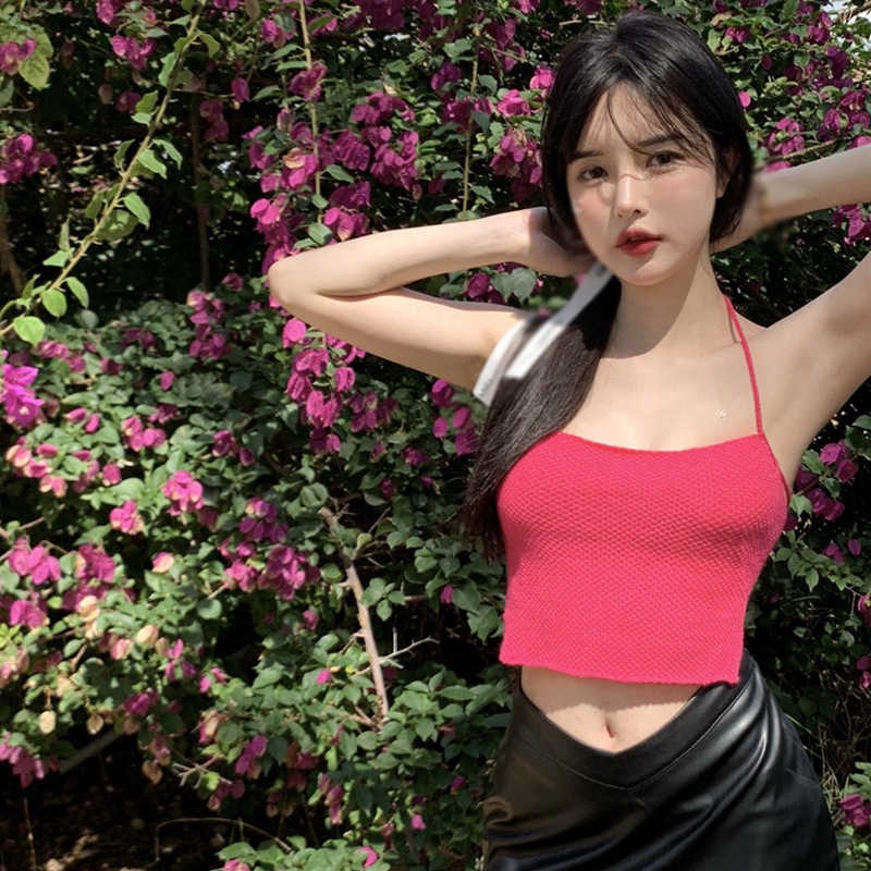 Áo Croptop Hai Dây Màu Trơn Cột Dây Hở Lưng Phong Cách Hàn Quốc Thời Trang Cho Nữ