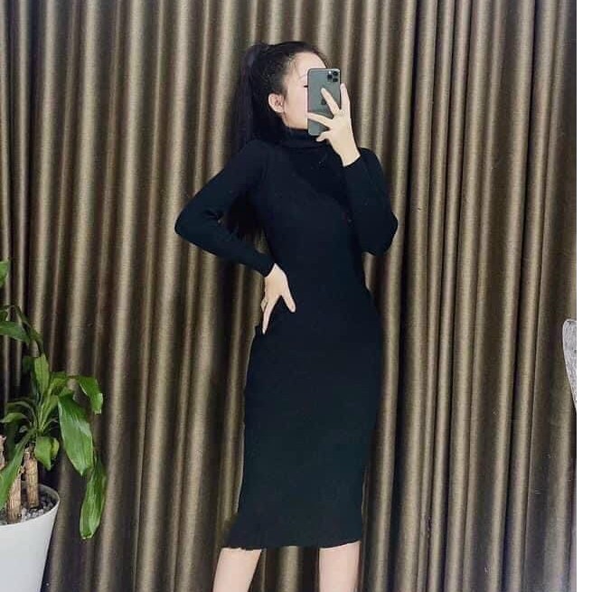 váy body cổ lọ chất len tăm xẻ tà mềm mại
