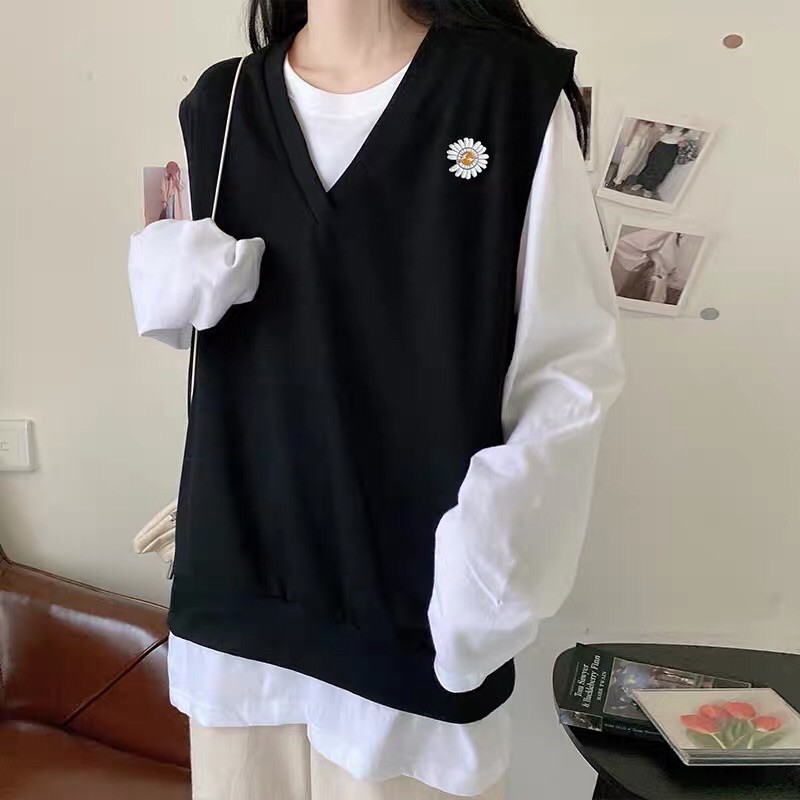 Set áo gile Thêu Hoa Cúc + áo phông tay dài trơn unisex form rộng ulzzang Wind | BigBuy360 - bigbuy360.vn