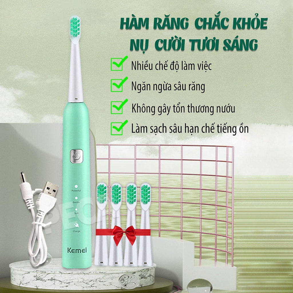 Bàn Chải Đánh Răng Điện Kemei Km-YS713 Cao Cấp Công Nghệ Mới Sóng Siêu Âm Tần Số Cao Sạch Sâu