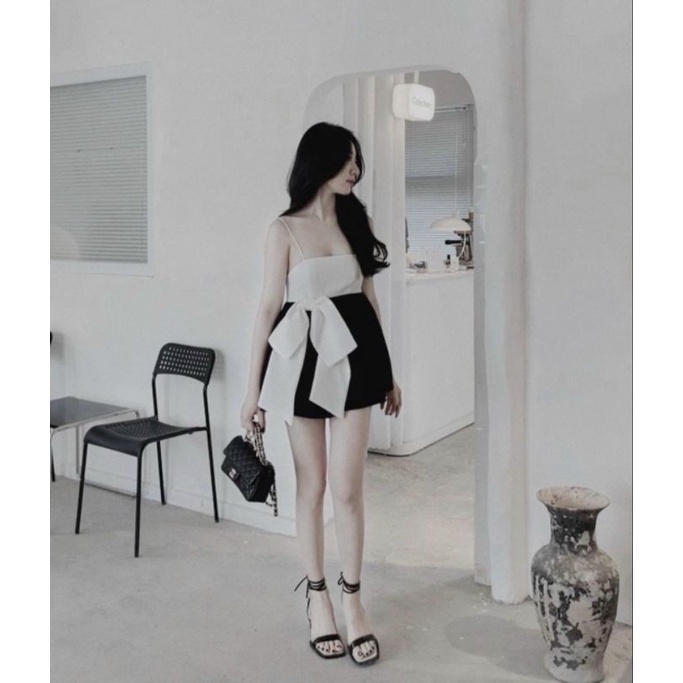 Set xốp 2 dây phối trắng đen nơ eo