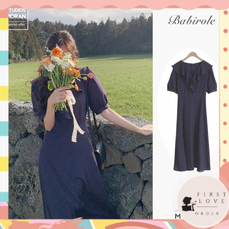 (firstlove ORDER) Váy MORAN chấm bi cổ V phối viền bèo điệu đà thắt nơ eo xòe dài vintage Hàn Quốc 01
