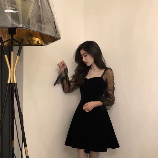[Mã WASTMINI giảm 10% tối đa 30K đơn 150K] Đầm nhung đen tiểu thư tay ren sang chảnh ulzzang HQ 🖤 | BigBuy360 - bigbuy360.vn
