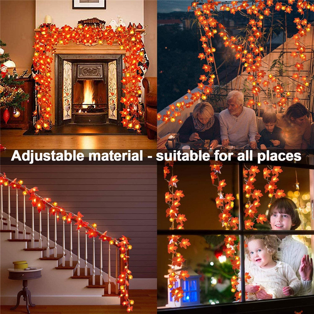 1.5/3m Fall Red Maple Leaf Pumpkin String Lights Garland/Halloween Christmas LED Warm Yellow Fairy Lights/Birthday Party Wedding Xmas Home INS Decorations