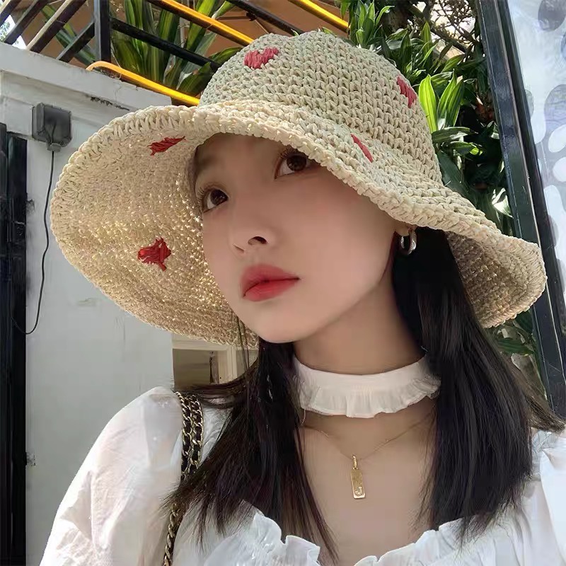 Mũ rơm MG STUDIO thêu hình trái tim thời trang