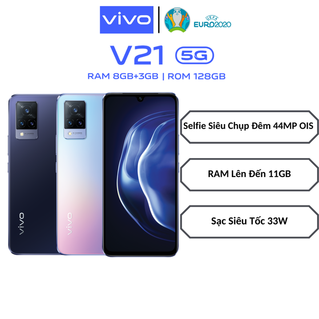 Điện thoại Vivo V21 5G (8GB/128GB) - Tặng loa Foomee HH17 - Camera 44MP OIS - Sạc nhanh 33W - Màu: Xanh Đen, Tím Hồng | WebRaoVat - webraovat.net.vn