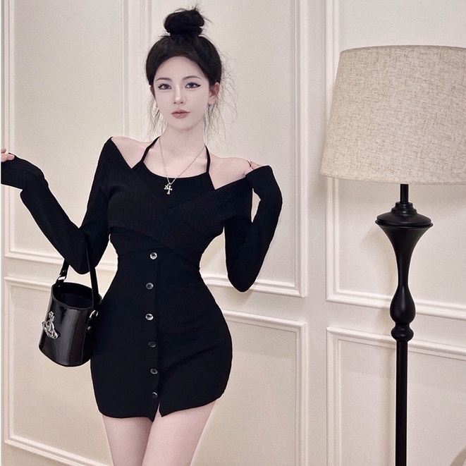 Đầm Dệt Kim Tay Dài Ôm Hông Một Hàng Khuy Màu Đen Phong Cách Hàn Quốc Quyến Rũ Thời Trang Mùa Thu Mới Dành Cho Bạn Nữ