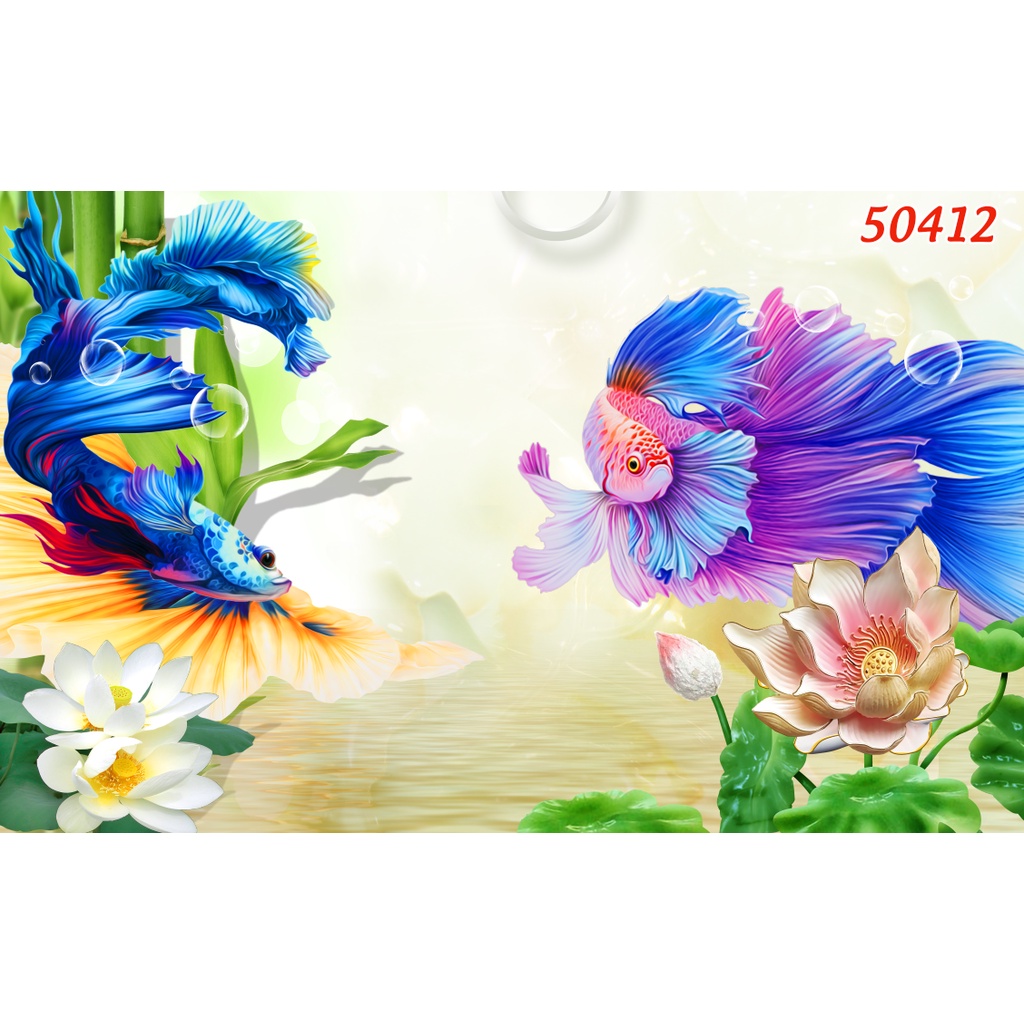 Tranh dán tường 3d mẫu cá hình ảnh nổi siêu thực keo dán sẵn