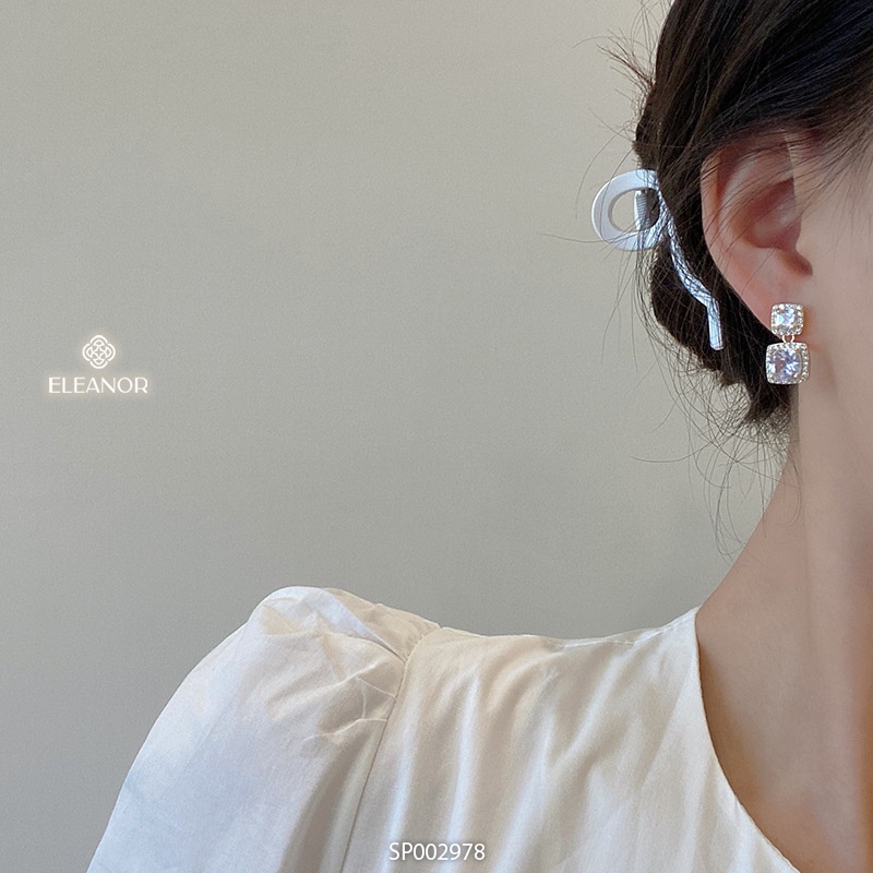 Bông tai nữ chuôi bạc 925 Eleanor Accessories hình vuông đính đá phụ kiện trang sức 2978