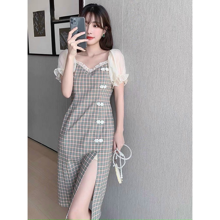 Đầm váy caro phối voan xếp ly xẻ tà xinh xắn thích hợp cho nàng dạo phố, dự tiệc