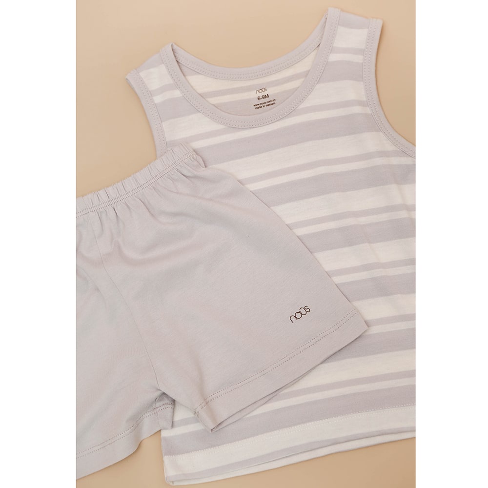 Bộ quần áo ba lỗ cho bé Nous Doux kẻ trắng ghi 6M 9M 12M 18M - Monnie Kids