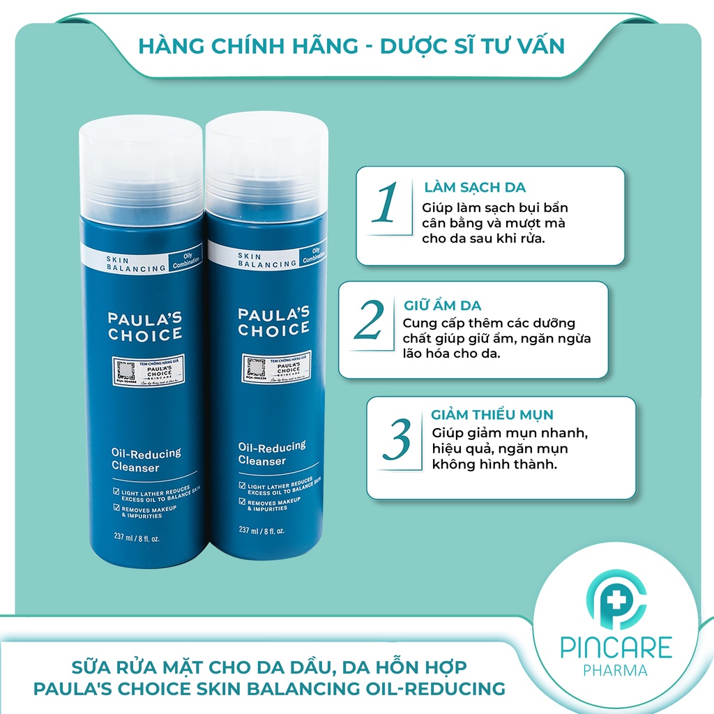 Sữa rửa mặt cho da dầu, da tổng hợp Paula's Choice Skin Balancing Oil Reducing Cleanser 237ml - Hàng chính hãng-PinCare