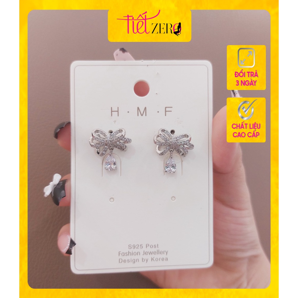 Bông tai Titan xi bạc nơ đính đá zircon phong cách Hàn Quốc