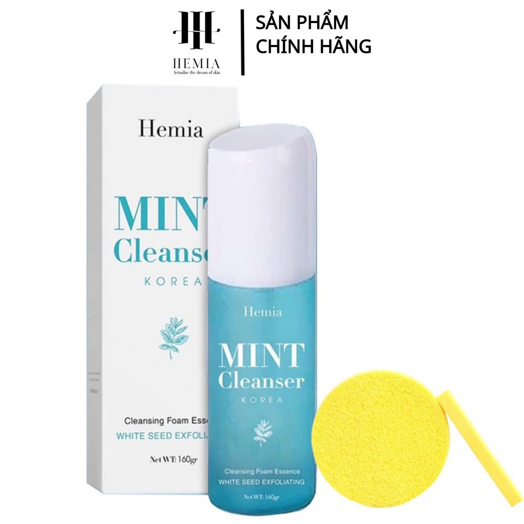 Combo sữa rửa mặt bạc hà mint cleanser Hemia dung tích 130g giúp sạch sâu dưỡng ẩm dịu da + bông nở rửa mặt 12pcs HEMIA