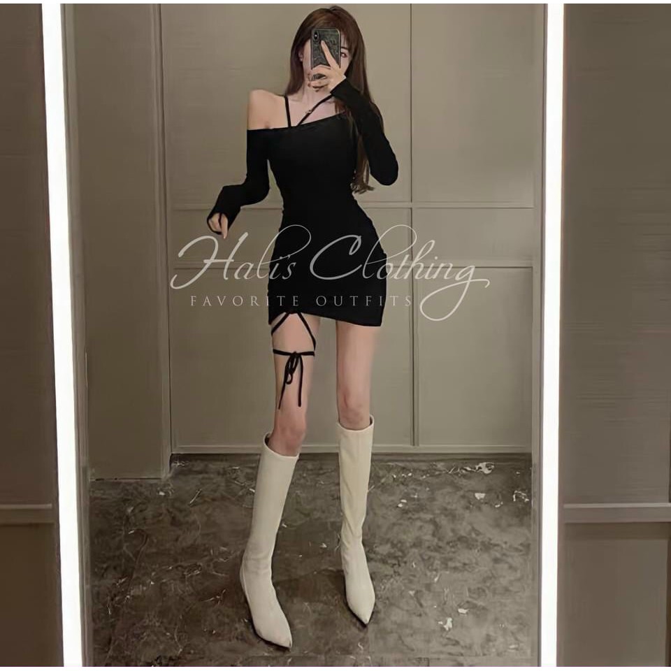 Đầm Body Trễ Vai Tay Dài Dây Rút Sexy Thun Borip Thích Hợp Mặc Đi Tiệc Đi Làm Đi Chơi | BigBuy360 - bigbuy360.vn