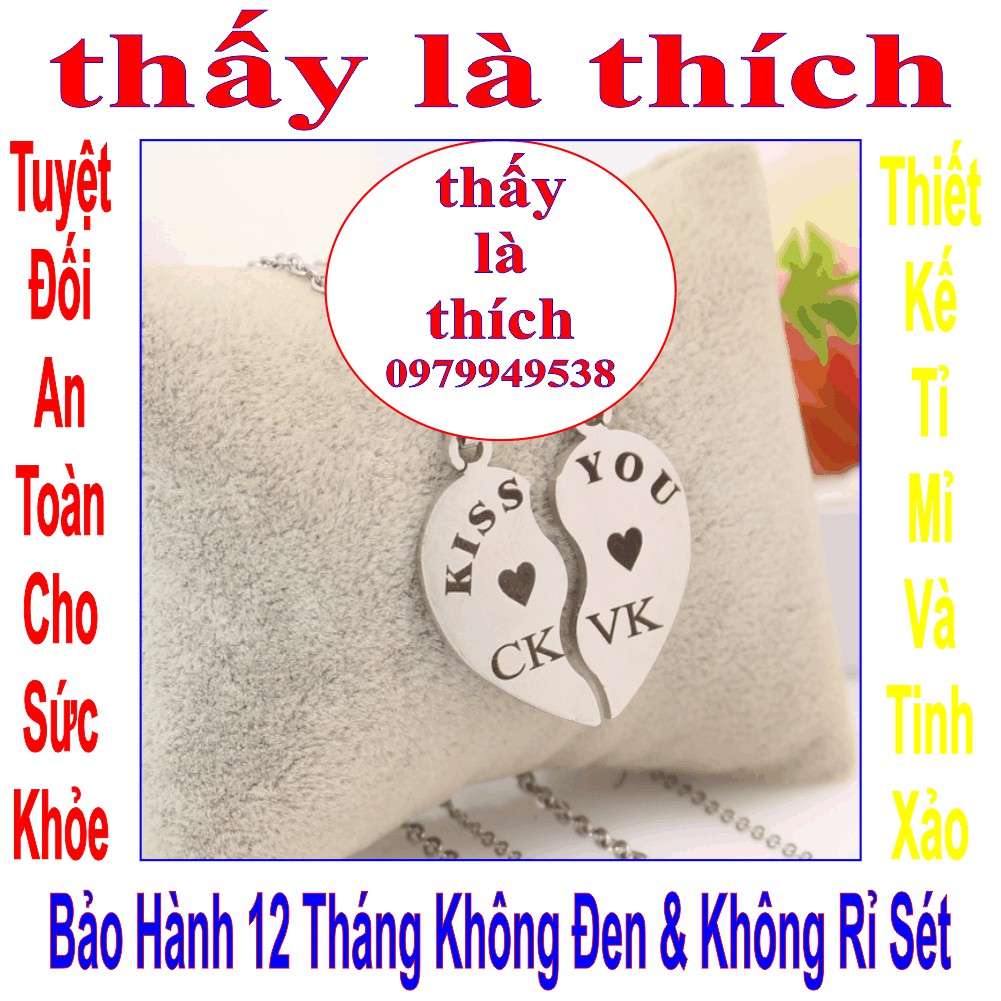 Dây chuyền cặp đôi 2 mảnh ghép trái tim khắc chữ CK/VK kết hợp chữ KISS YOU - Giá bán như trên là 1 cặp = 2 sợi như hình