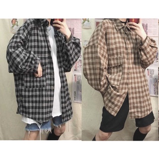 A011 - Áo sơ mi kẻ caro oversize nam nữ vintage dài tay, áo khoác chống nắng cỡ rộng tay phồng phong cách Hàn Quốc