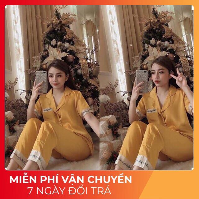 Bộ ngủ nữ pijama tay cộc quần dài viền chữ chất lụa satin không bai xù.fre size 60kg.Sẵn nhiều màu AT101