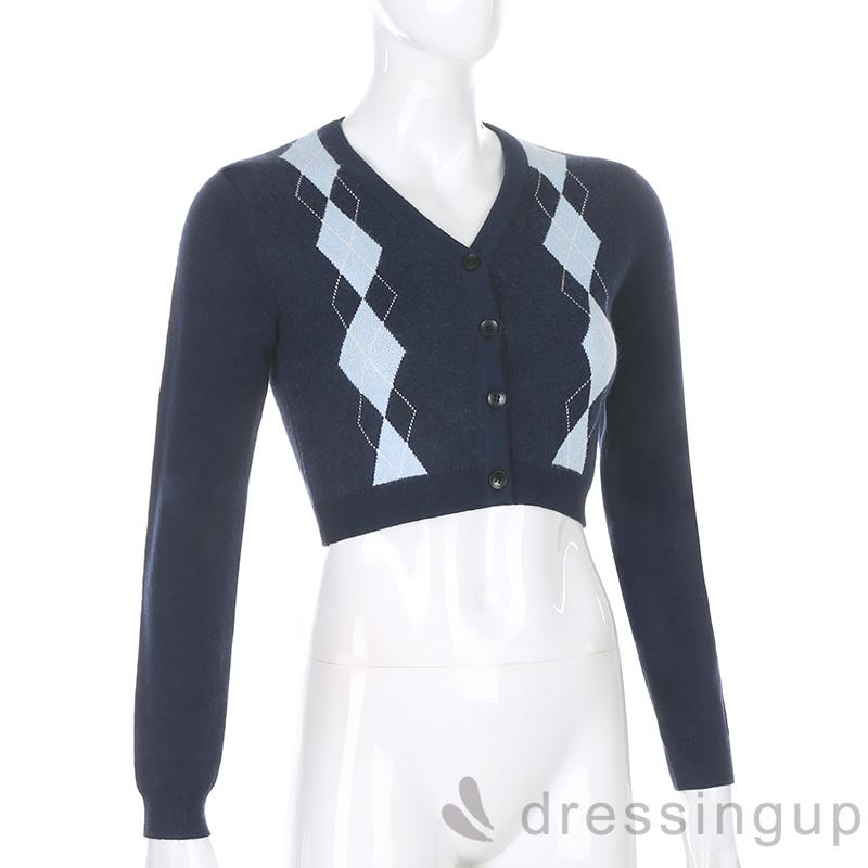 DRESSINGUP-Áo Sweater Dệt Kim Hoạ Tiết In Thiết Kế Cổ Chữ V Thời Trang Cho Nữ