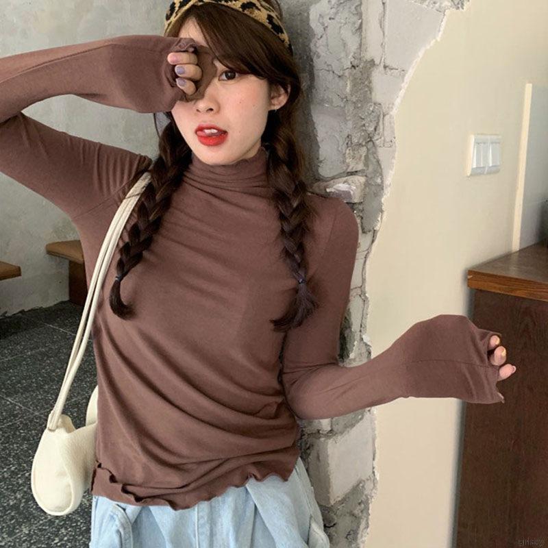 Áo thun cổ lọ tay dài màu trơn kiểu dáng đơn giản phong cách Hàn Quốc dễ phối đồ