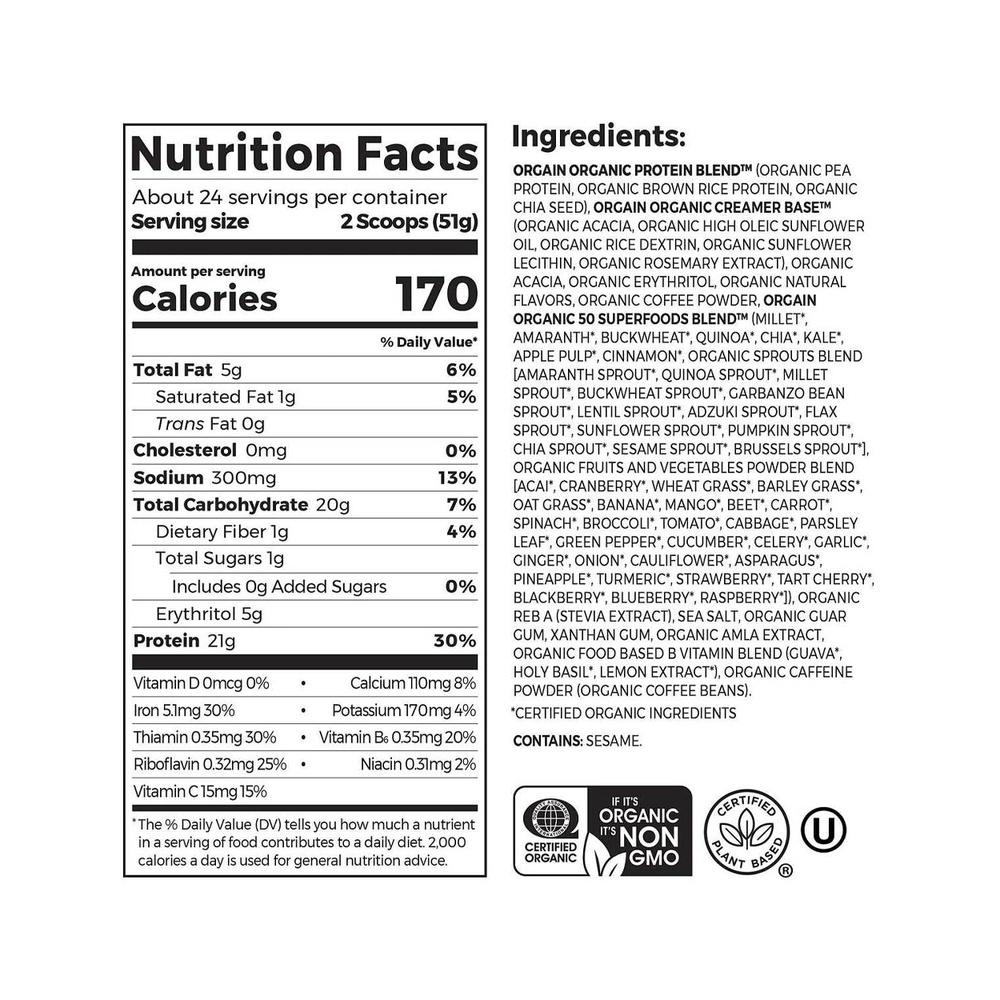 Bột Protein hữu cơ và siêu thực phẩm thực vật Orgain Organic Protein Cafe Latte 1.22 kg