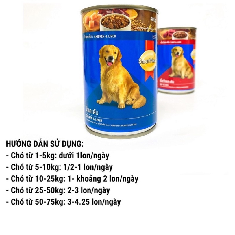 Thức ăn cho chó, pate lon SMARTHEART vị gà, vị bò cho chó lớn 400g