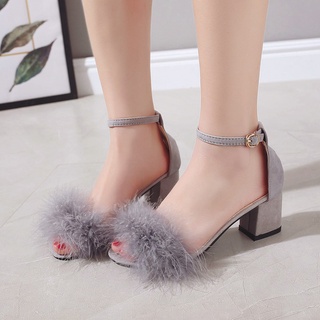 A76 giầy cao gót đính lông mềm điệu đà
