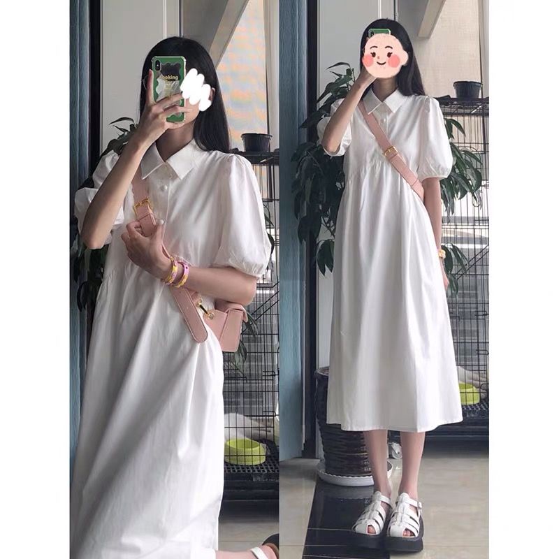 Đầm sơ mi chữ a dáng dài cổ bẻ phong cách Pháp mới cho học sinh