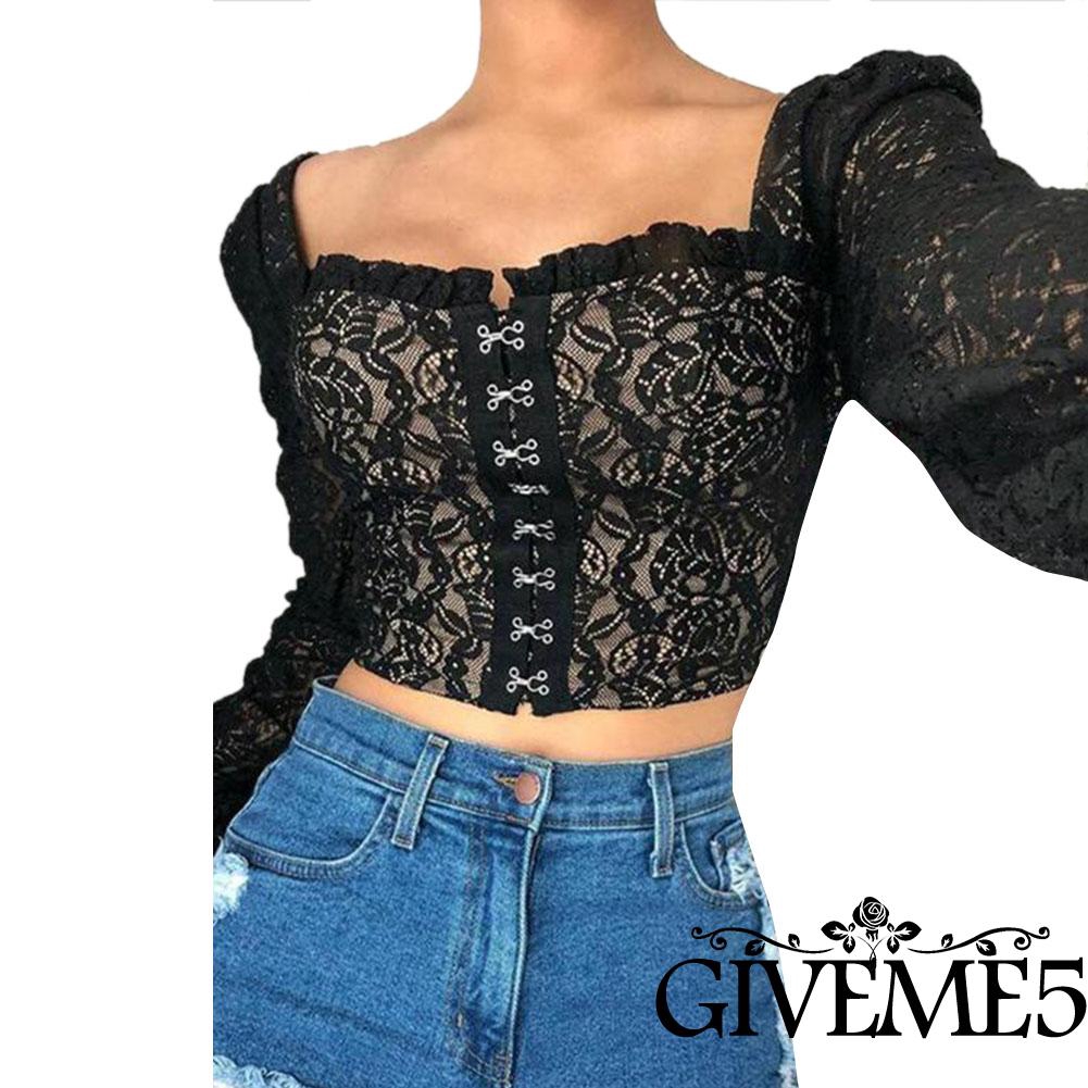 Áo Croptop Cổ Chữ U Phối Ren Màu Trơn Quyến Rũ Cho Nữ