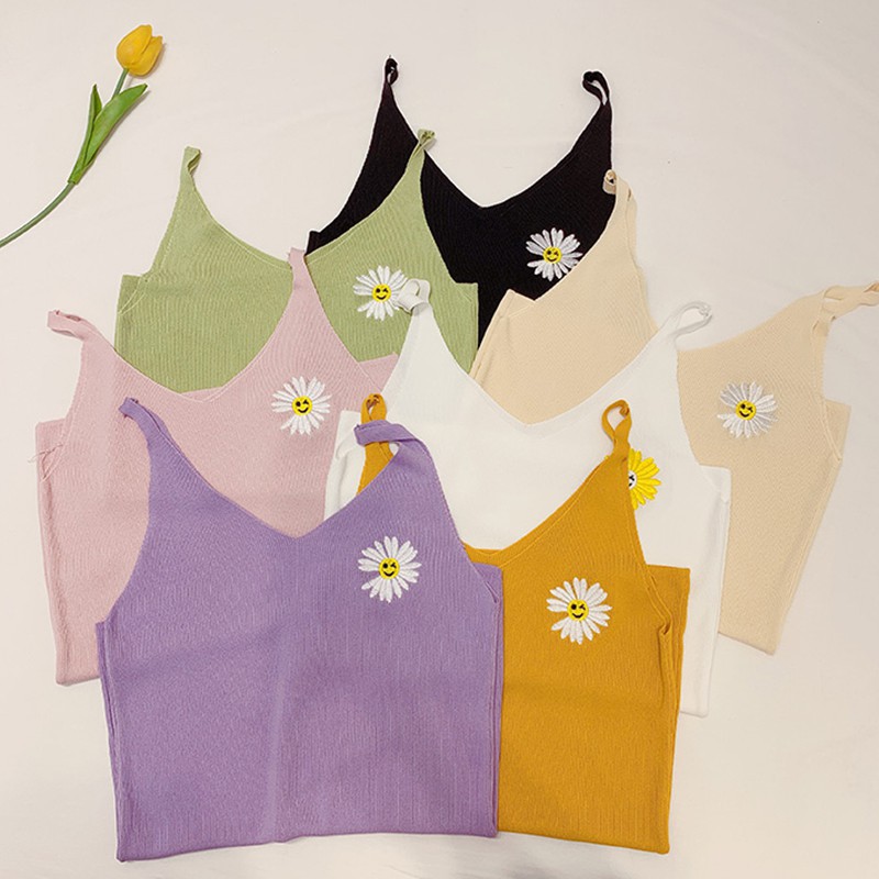 Women Casual Knitted Daisy Embroidery Cami Tops Summer Vest Sleeveless Basic Camisole