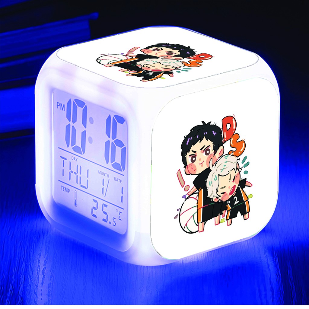 Đồng hồ báo thức để bàn in hình HAIKYUU!! Vua Bóng Chuyền anime chibi LED đổi màu