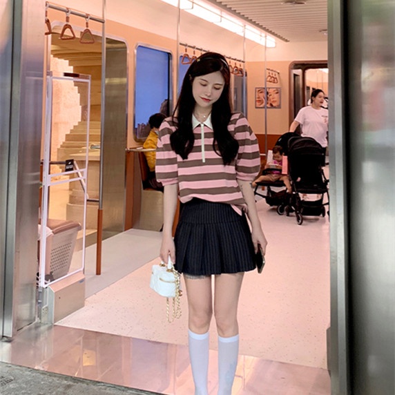 621937#Áo Thun polo Ngắn Tay Dáng Rộng Họa Tiết Kẻ Sọc Trắng Đen Thời Trang Mùa Hè Cho Nữ