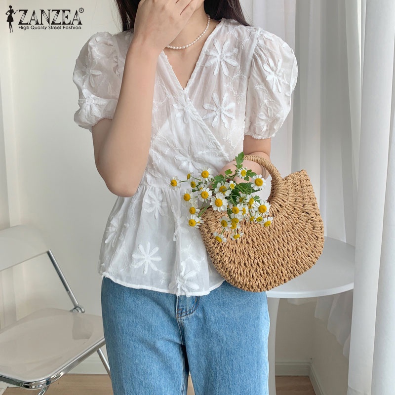 Áo ZANZEA tay phồng thêu hoa thắt dây phong cách Hàn Quốc ngọt ngào cho nữ