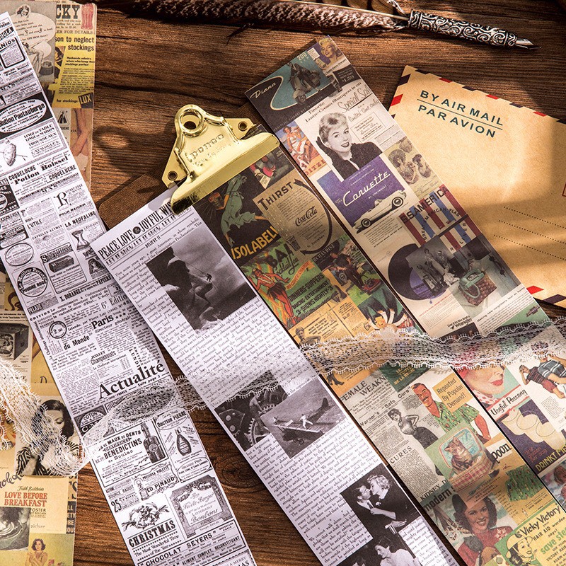Sticker họa tiết giấy báo cũ trang trí sách ảnh DIY vintage,  bullet journal