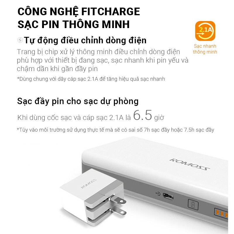 Pin sạc dự phòng 10000mAh Romoss Sense 4 hỗ trợ sạc nhanh tốc độ 2.1A, 2 cổng sạc ra USB, 1 cổng sạc vào Micro, nhỏ gọn