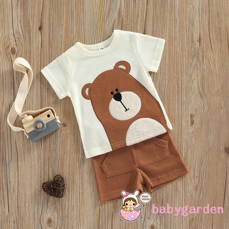 BABYGARDEN-0-24months Baby Boy Short Outfits, Short Sleeve Cartoon Bear Printed Crew Neck T-Shirt + Solid Color Elastic Waist Shorts Set