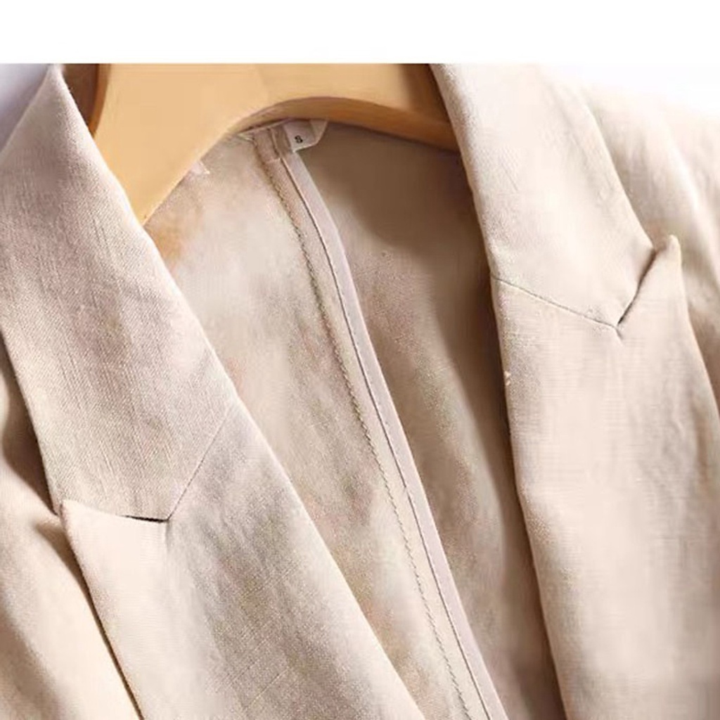 Áo Vest Blazer Linen Nữ, Dáng Lửng Ve Ngóc, Tay Lỡ Trẻ Trung